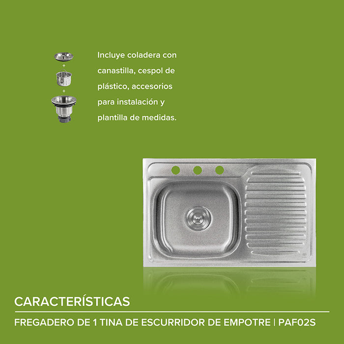 Tarja fregadero de acero inoxidable de empotre – 1 tina con escurridor