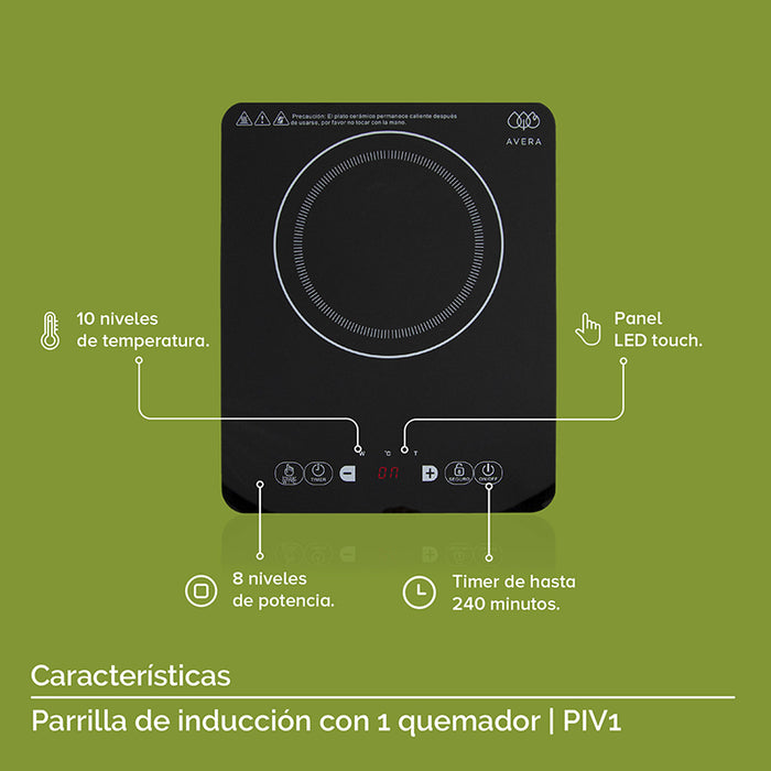 Característica de la parrilla de inducción: 10 niveles de temperatura, panel LED, timer de 240 minutos.