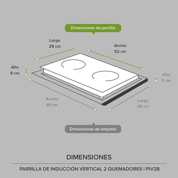Medidas de la parrilla de inducción vertical: ancho 52cm, largo 26cm, alto 8cm.