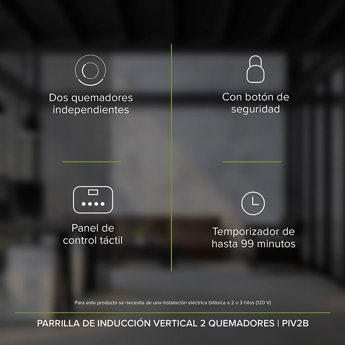 Características de la parrilla de inducción: dos quemadores independientes, botón de seguridad, panel de control táctil, temporizador de 99 minutos.