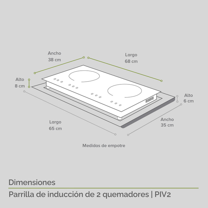 Medidas parrilla de inducción magnética de 2 quemadores: largo 65cm, ancho 35cm, alto 8cm.