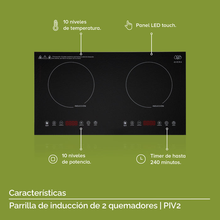 Características de una parrilla de inducción: 10 niveles de temperatura y potencia, panel touch LED y temporizador.