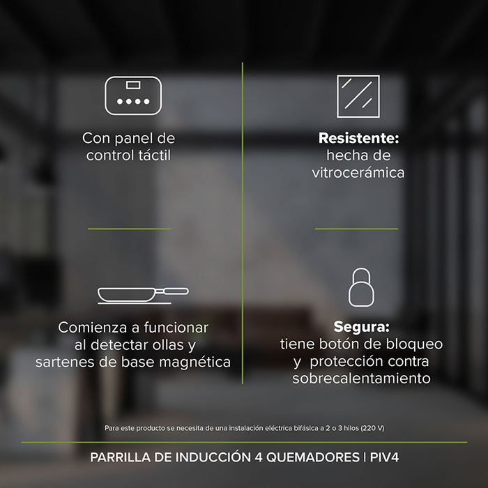 Características parrillas de inducción magnética: control táctil. hecha de vitrocerámica, funciona detectando bases metálicas.