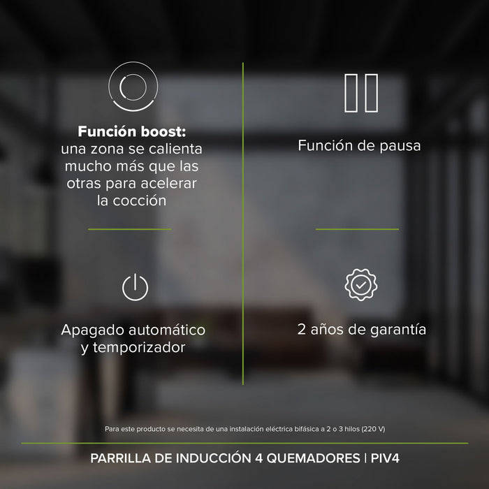 Tricombo Parrilla de gas 2 quemadores 31 cm + Parrilla de inducción 4 quemadores 59 cm + Campana de pared de 90 cm - negro