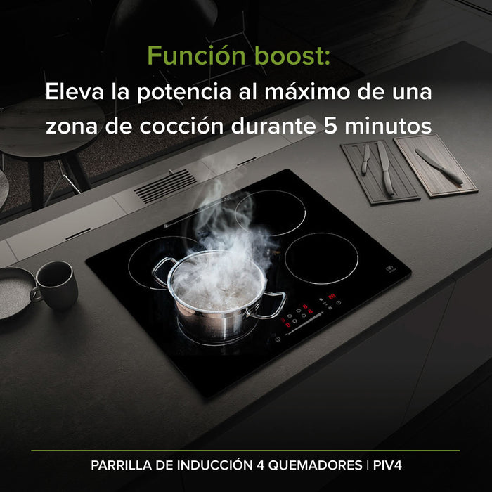 Tricombo Parrilla de gas 2 quemadores 31 cm + Parrilla de inducción 4 quemadores 59 cm + Campana de pared de 90 cm - negro