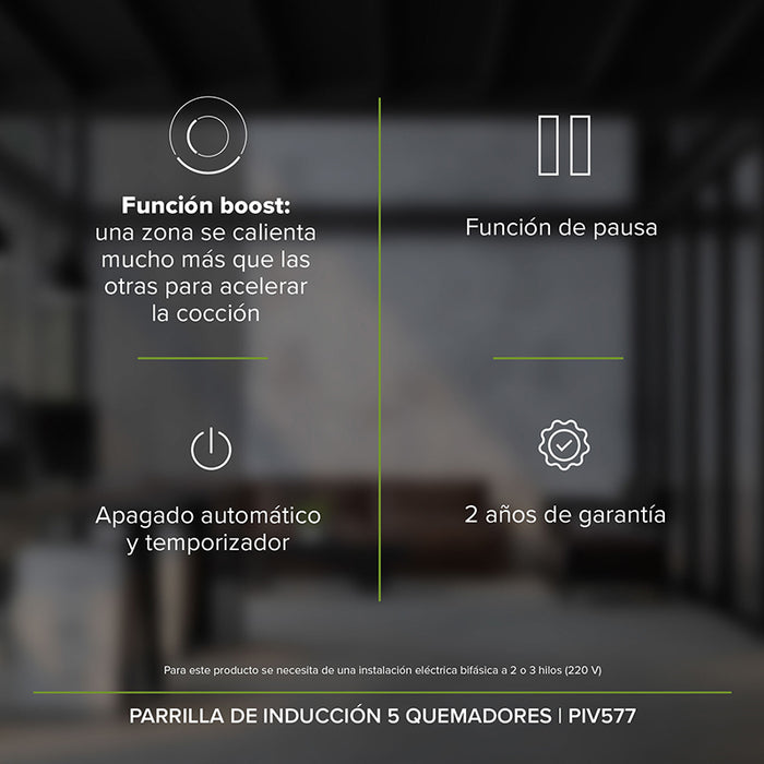 Funciones de la parrilla de inducción: una zona se calienta más para acelerar la cocción, función de pausa, apagado automático y temporizador.