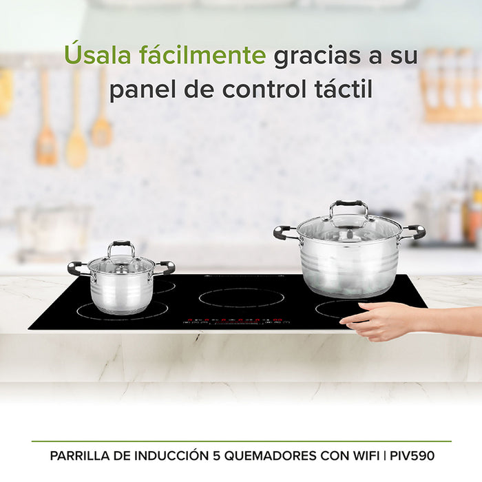 Parrilla de inducción magnética con 2 ollas de acero inoxidable encima.