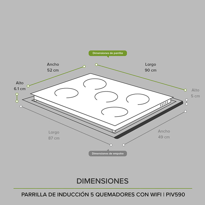 Medidas de la parrilla de inducción de 5 quemadores: largo 87cm, ancho 49cm, alto 6cm.