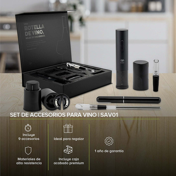 9 accesorios para vino + caja de regalo