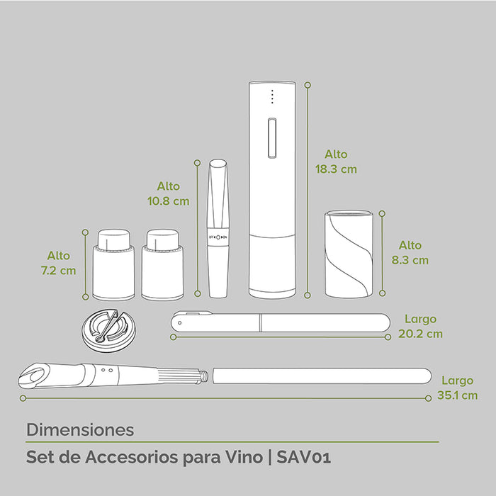 Accesorios para vino:  1 sacacorchos eléctrico, varilla 3en 1 (enfría, vierte y airea), aireador y vertedor con bloqueo, destapador de corcholatas, bomba de aire para abrir los vinos, tapones al vacío y cable USB.