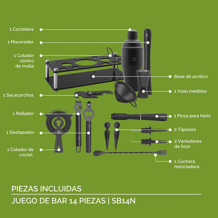 Utensilios para bar: coctelera, macerador, colador, sacacorchos, rallador, destapador, colador, vaso medidor, pinza para hielo, tapones, vertedores, cuchara mezcladora.