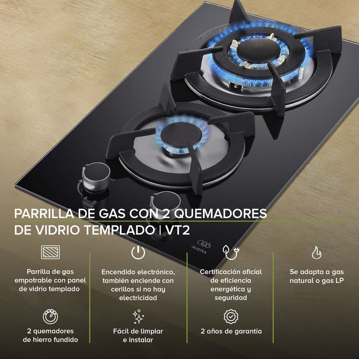 Tricombo Parrilla de gas 2 quemadores 31 cm + Parrilla de inducción 4 quemadores 59 cm + Campana de pared de 90 cm - negro
