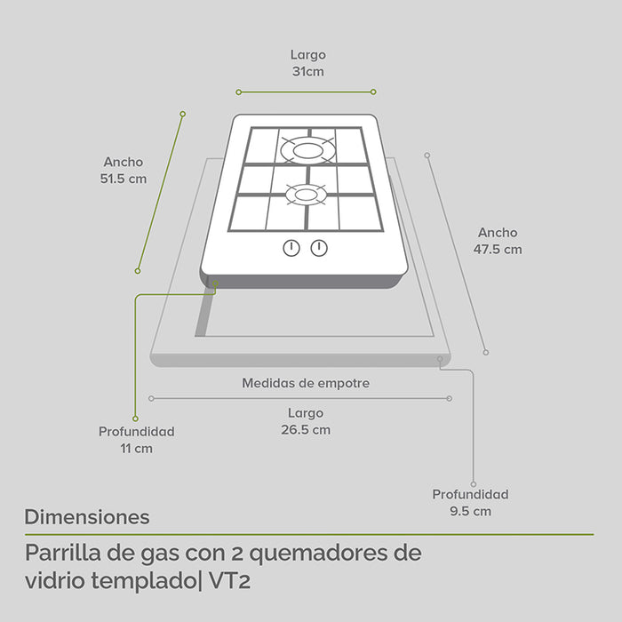 Dimensiones parrilla de gas: largo 31cm, ancho 47.5cm, profundidad 11cm.