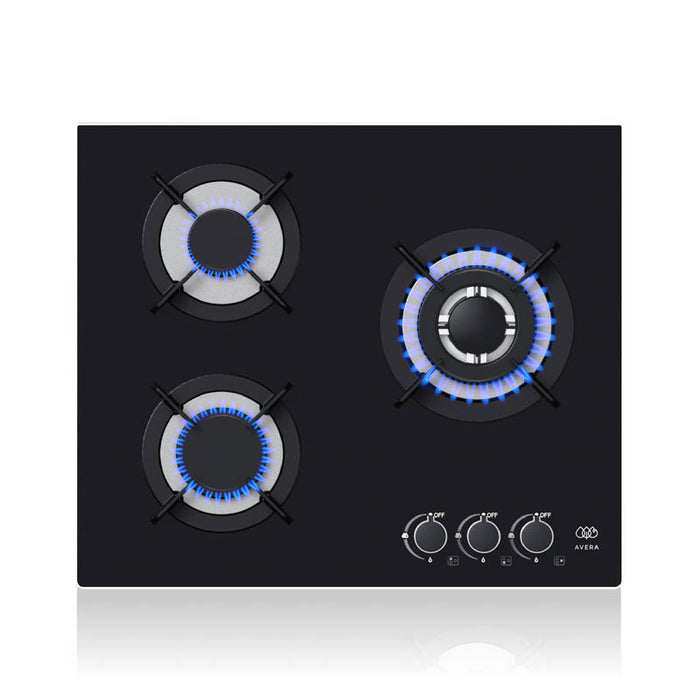 Parrilla de gas 3 quemadores 58 cm en vidrio templado con soporte circular - negro