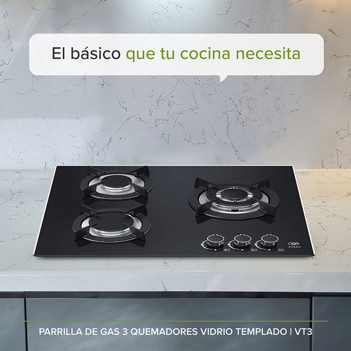 Parrilla de gas 3 quemadores con base de vidrio templado, diseño elegante y sofisticado