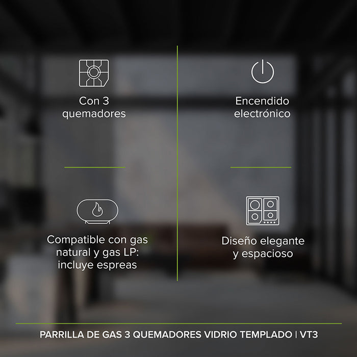 Características parrilla de vidrio templado: 3 quemadores de distintos tamaños, encendido electrónico y encendido electrónico.