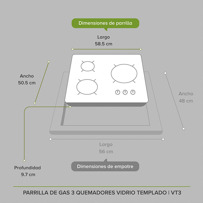 Dimensiones de la parrilla de gas de 3 quemadores: largo 58.5cm, ancho 48cm, profundidad 9.7cm.