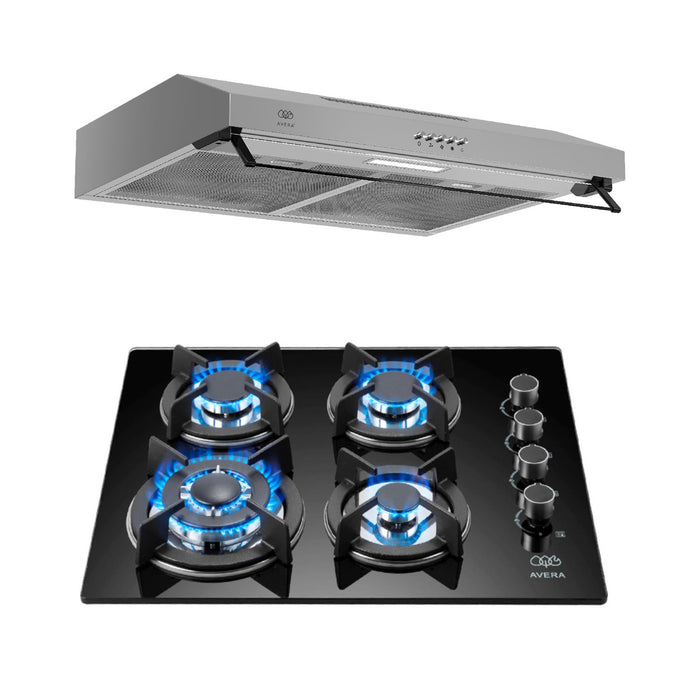 Combo Parrilla de gas vidrio templado 4 quemadores + Campana pared acero inoxidable 60 cm