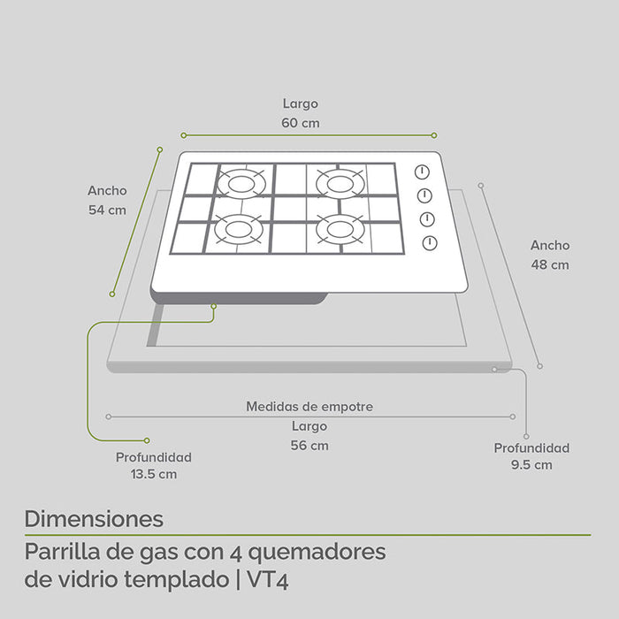 Tricombo Parrilla 4 quemadores 60 cm + Campana pared en vidrio templado 60 cm + Horno empotrable para gas LP 60 cm