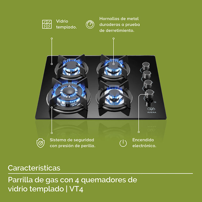 Características parrilla de gas: base de vidrio templado, hornallas de metal, encendido electrónico, perillas de seguridad.