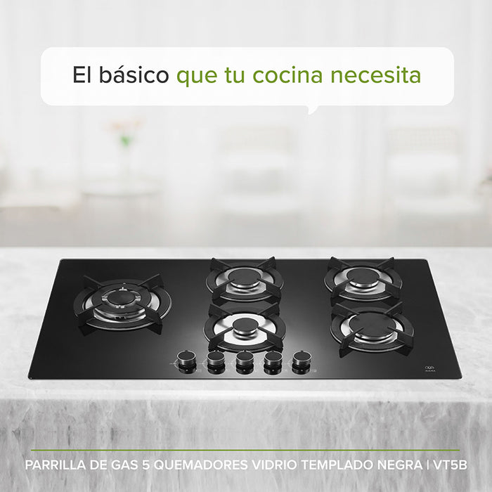 Parrilla empotrable con 5 quemadores de distintos tamaños.