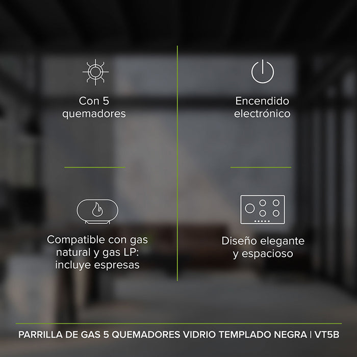 Características de la parrilla de gas de vidrio templado: 5 quemadores, encendido electrónico, con espreas para gas natural y gas lp.