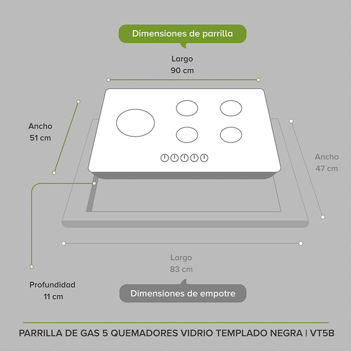 Dimensiones parrilla de vidrio templado: largo 90cm, ancho 47cm, profundidad 11cm.