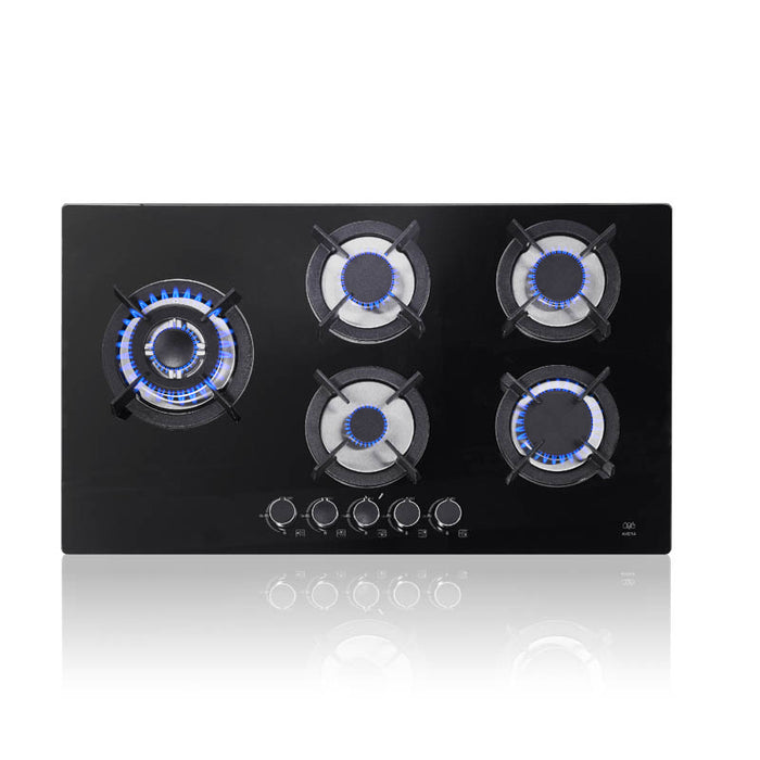 Parrilla de gas 5 quemadores 90 cm en vidrio templado con soporte circular - negro
