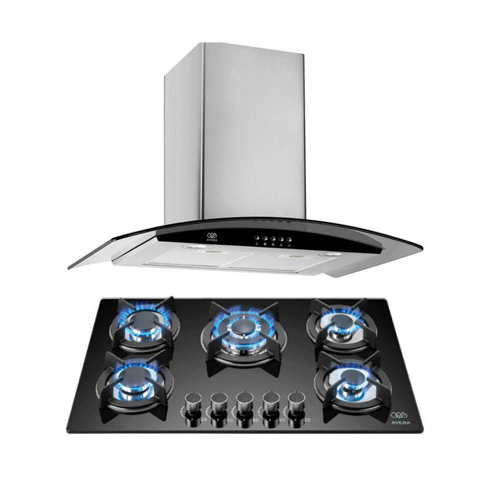 Combo Parrilla de gas vidrio templado 5 quemadores + Campana pared acero inoxidable y cristal templado 76 cm