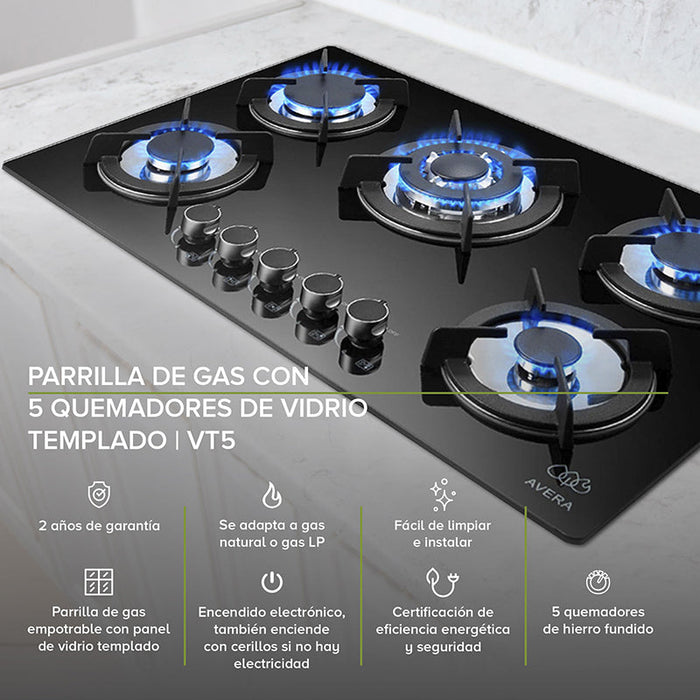 Tricombo Parrilla 5 quemadores 77 cm + Campana de isla 76 cm + Horno empotrable para gas LP 60 cm