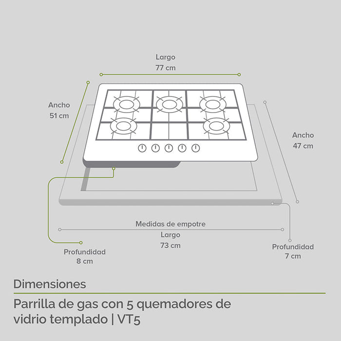 Tricombo Parrilla 5 quemadores 77 cm + Campana de isla 76 cm + Horno empotrable para gas LP 60 cm