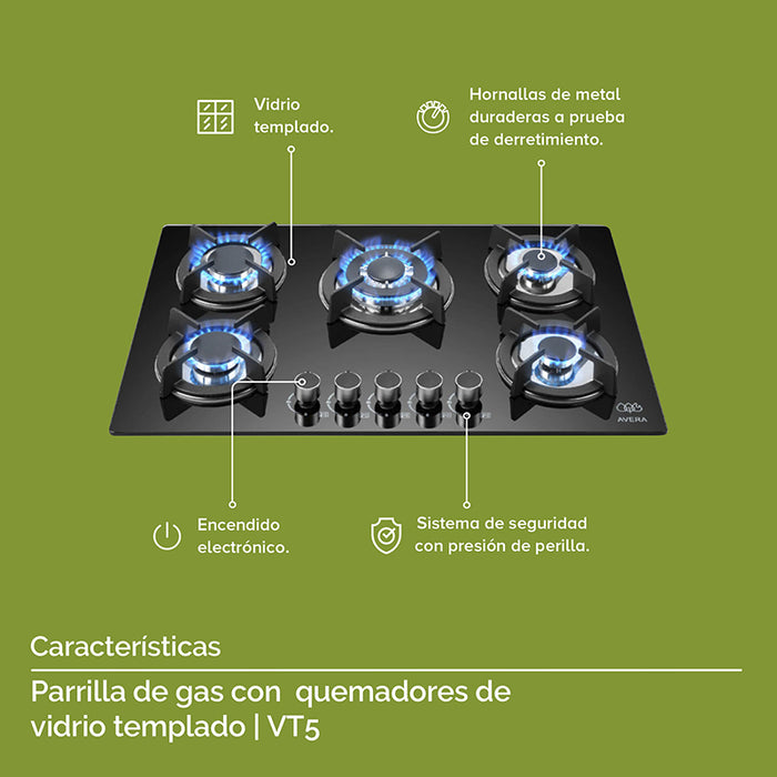 Características parrilla de gas: hecha de vidrio templado con soportes de hierro, hornallas de metal, encendido electrónico, sistema de seguridad a presión.