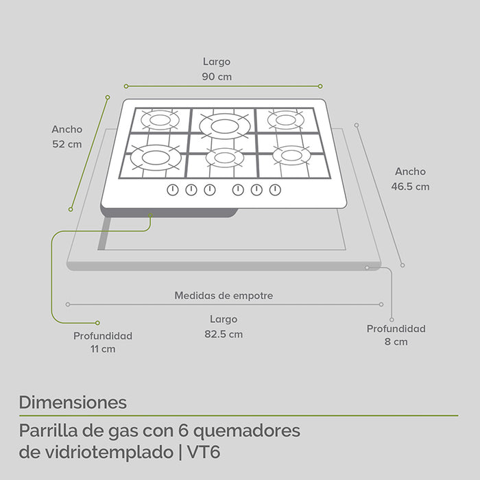 Medidas parrilla de gas 6 quemadores: largo 90cm, ancho 46.5cm, profundidad 11cm.