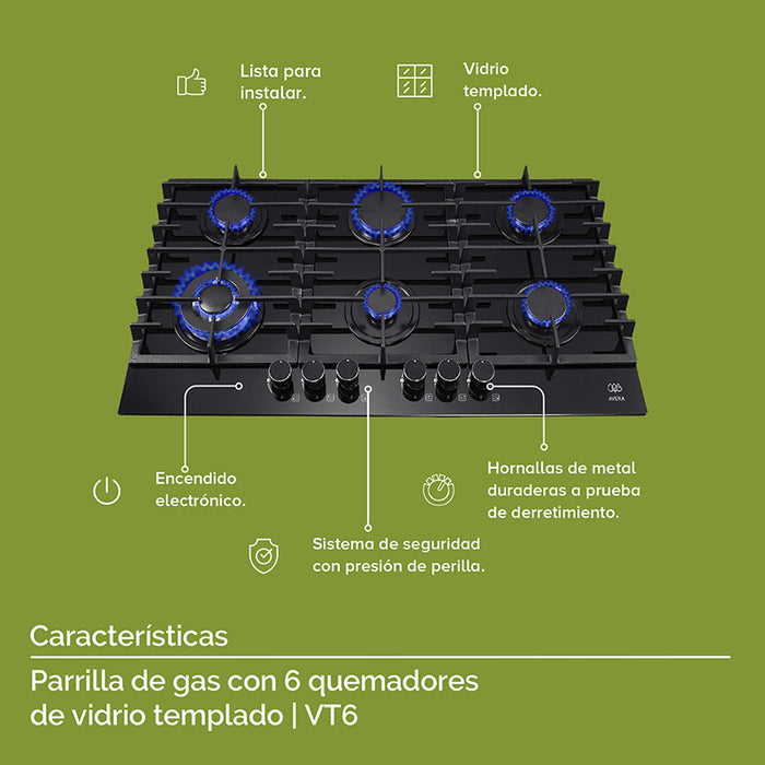 Características parrilla de gas de vidrio templado: 6 quemadores de distintos tamaños, hecha de vidrio templado, hornallas de metal, sistema de seguridad en perillas.