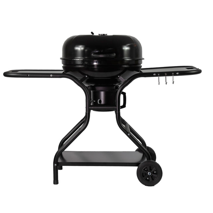 Asador de carbón de 22" con termómetro, bandeja de cenizas y mesas laterales de acero inoxidable