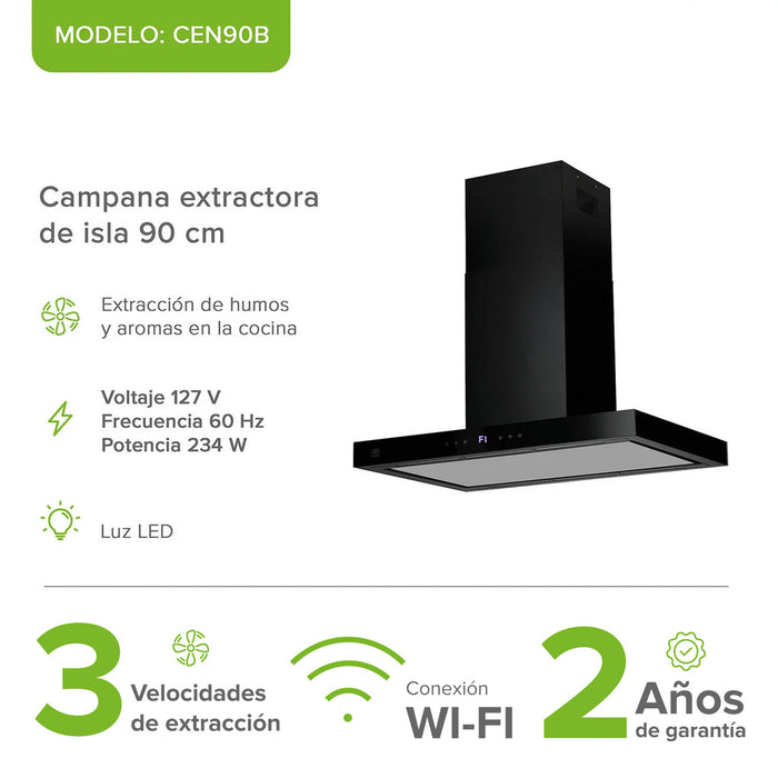 Campana de cocina para isla tipo T 90 cm, 780 m3/h de extracción control táctil y WiFi con temporizador, acero inoxidable - negro