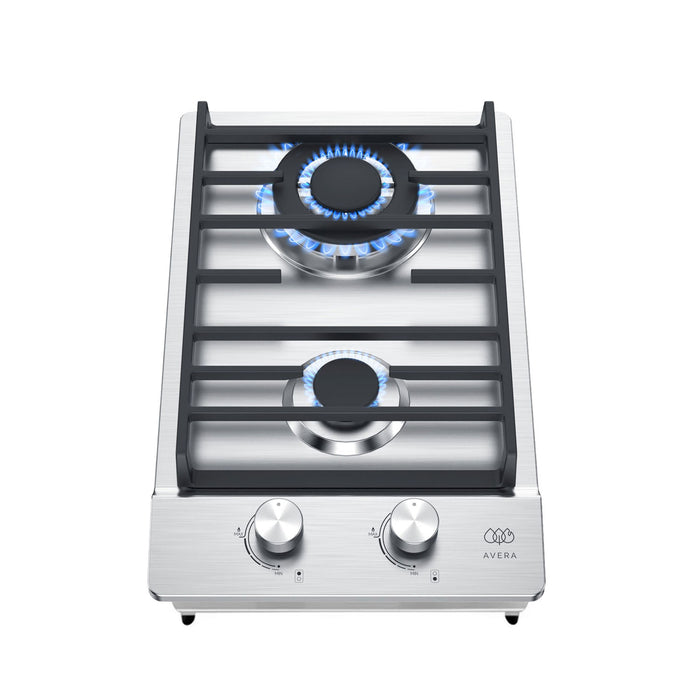 Parrilla de gas de acero inoxidable con 2 quemadores encendidos y perillas metálicas para cocina pequeña.