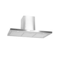 Campana de cocina de pared 90 cm en acero inoxidable con panel de control, luces LED y filtros metálicos.