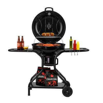 Asador de carbón de 22" 56 cm con termómetro, bandeja de cenizas y mesas laterales de acero inoxidable