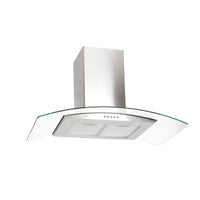 Campana de pared curva 90cm en acero inoxidable y vidrio templado con botones frontales y extractores de grasa.