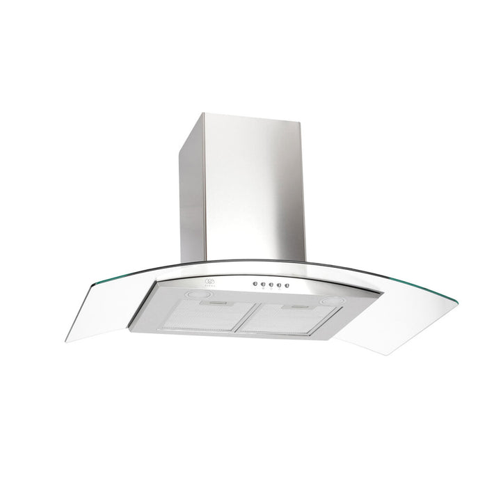 Campana de pared curva 90cm en acero inoxidable y vidrio templado con botones frontales y extractores de grasa.