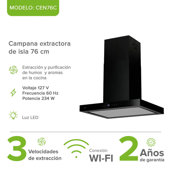 Campana de cocina para isla tipo T 76 cm, 780 m3/h de extracción control táctil y WiFi con temporizador, acero inoxidable - negro