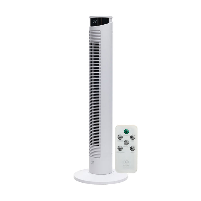 Ventilador de torre digital Avera blanco de 93 cm con pantalla LED de temperatura y control remoto incluido.