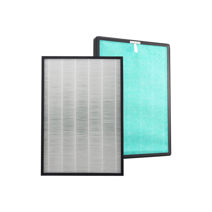 Kit de filtros HEPA y carbón activado para purificador PHEPA02 con marco negro y malla turquesa.