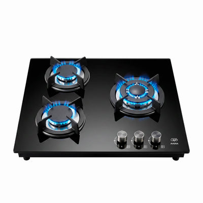 Parrilla de gas 3 quemadores 60 cm en vidrio templado con soporte circular - negro