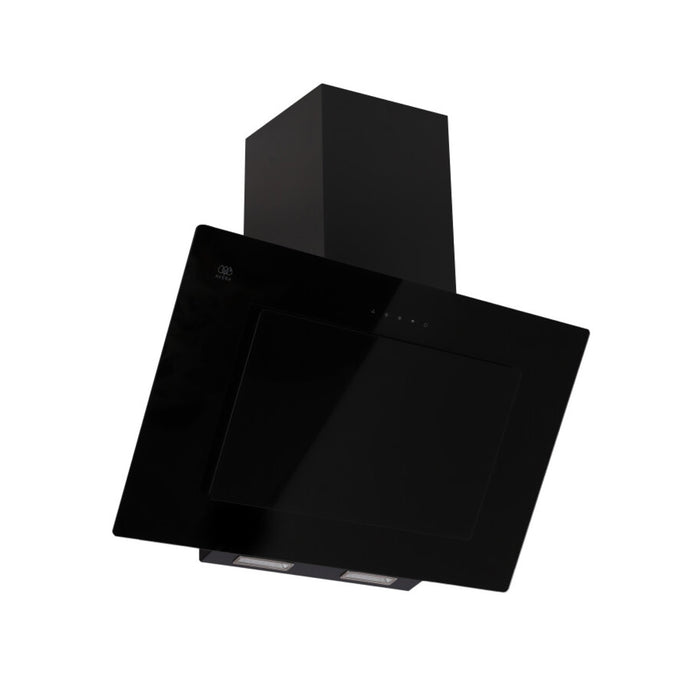 Campana de pared inclinada de 90 cm en vidrio templado negro con panel digital táctil y diseño moderno tipo pantalla.