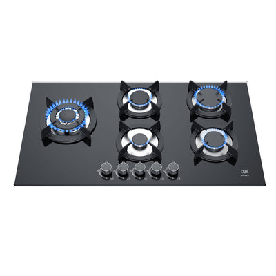 Parrilla de gas 5 quemadores 90 cm en vidrio templado con soporte circular - negro