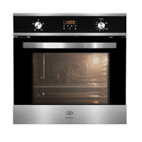 Horno empotrable a gas natural de acero inoxidable con panel digital, reloj y sistema de convección iluminado.