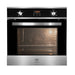 Horno empotrable a gas natural de acero inoxidable con panel digital, reloj y sistema de convección iluminado.