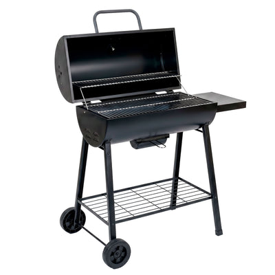 Asador de carbón tipo tambor 101 cm con termómetro, bandeja de cenizas y mesa lateral